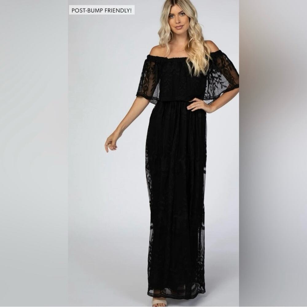 PinkBlush Off Shoulder Lace Overlay Maxi Black Dress Size S